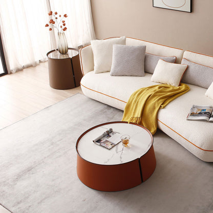 31.5" Coffee Table, Marble Top and Orange Saddle Leather Body - Loft&Timber