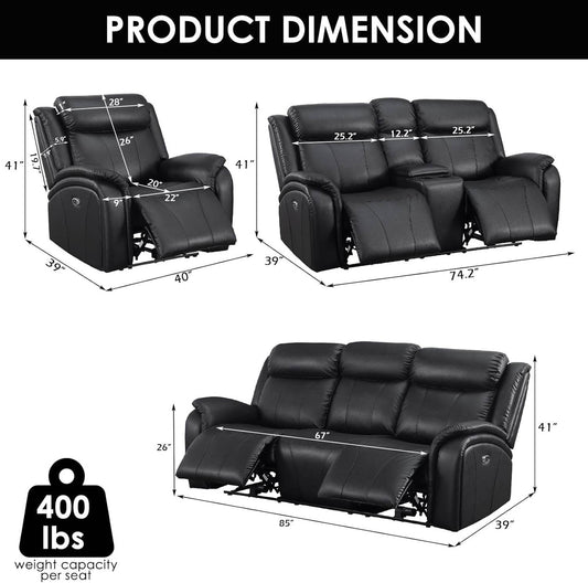 Power Recliner Sofa Set, 3 Piece Reclining Sofa for Living Room, PU Leather Home Theater Seating Recliner Couch Set with Storage and Cup Holders (Black) - Loft&Timber