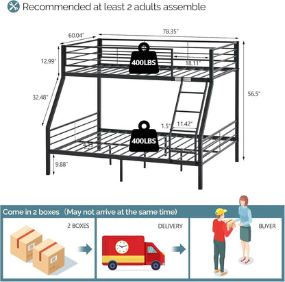 Bunk Beds Twin over Full Size for Kids Teens Adults/Flat Steps/Heavy Duty Metal Slat, Black - Loft&Timber