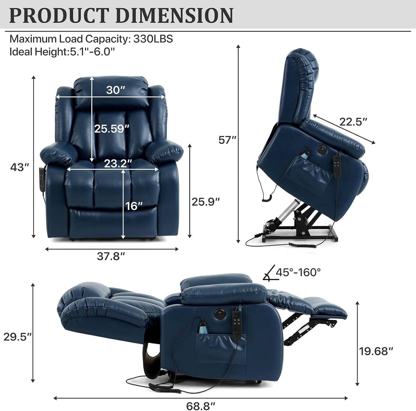 Dual Motor Large Power Lift Recliner Chair Recliners for Elderly, Infinite Position Recliner Chair with Heat and Massage, Breathable Leather(Dark Blue) - Loft&Timber