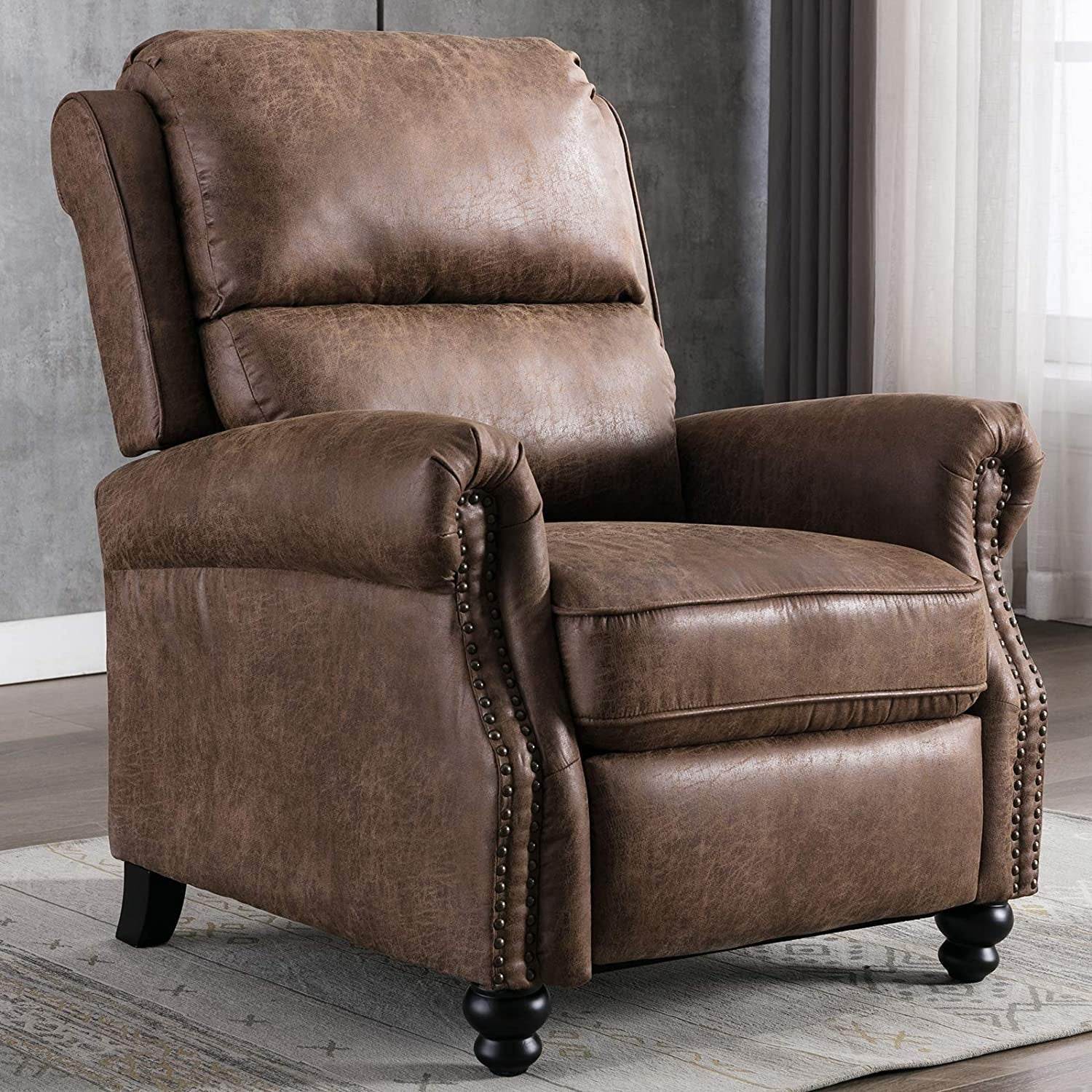 Pushback Recliner Chair, Leather, Rivet Decoration, Chocolate - Loft&Timber