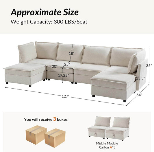 127'' Modular Sectional Sofa, Oversized U Shaped Couch with Storage Ottoman in Beige - Loft&Timber