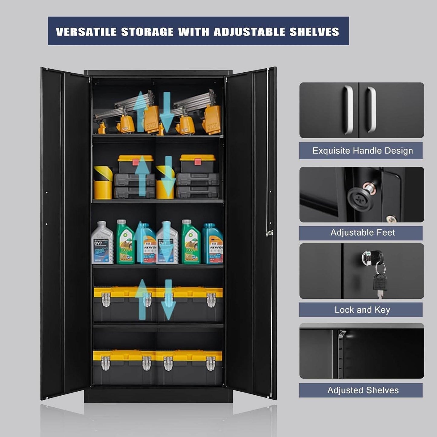 Metal Storage Cabinet with Adjustable Shelves,, 71'H, Black - Loft&Timber