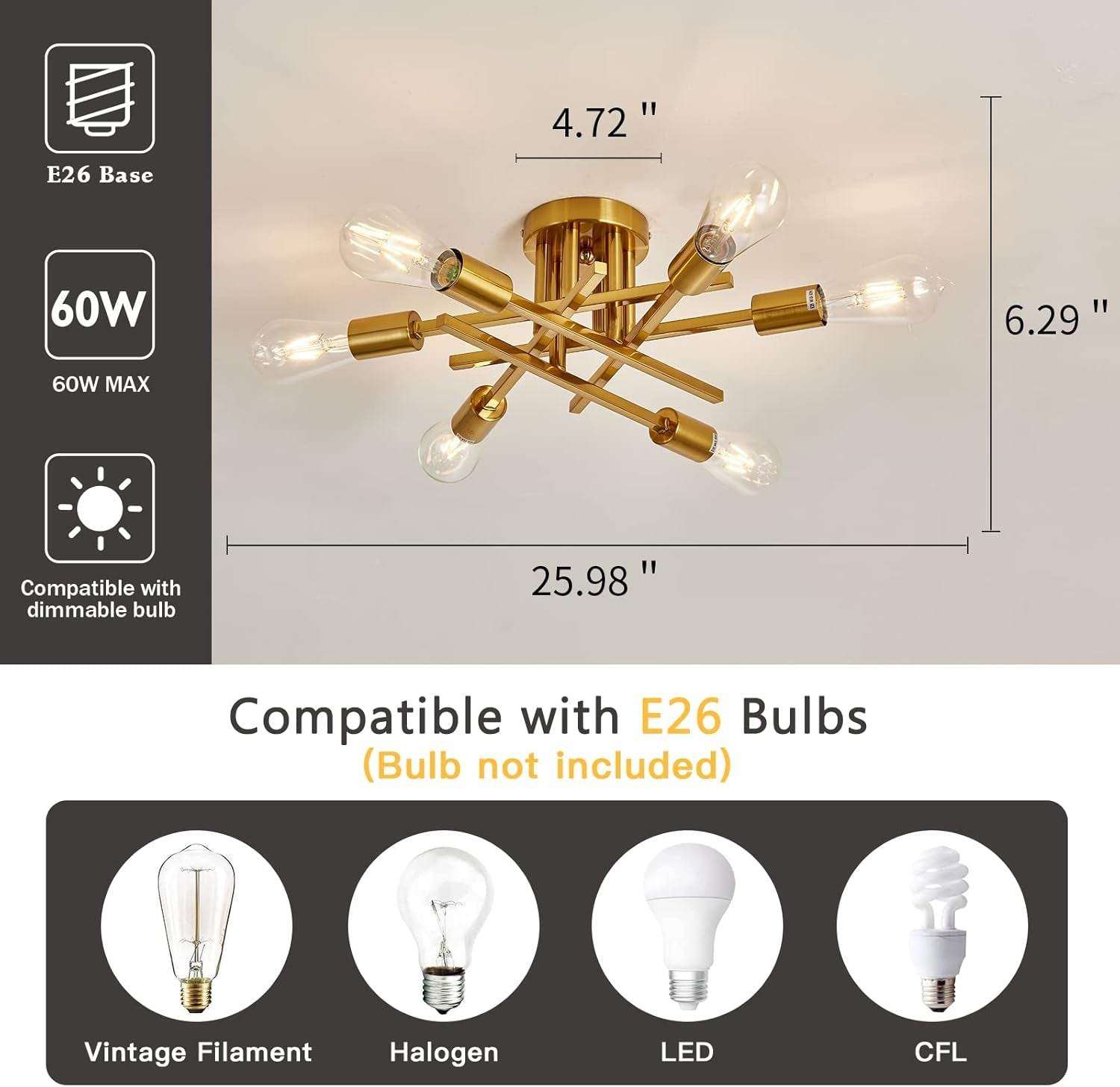 6-Light Gold Sputnik Chandelier Semi Flush Modern - Loft&Timber
