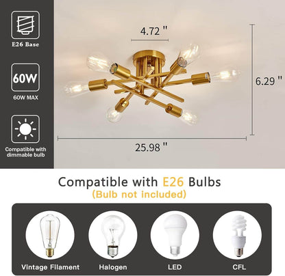 6-Light Gold Sputnik Chandelier Semi Flush Modern - Loft&Timber