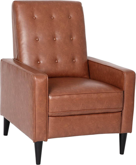 Erza Leathersoft Button Tufted Pushback Recliner, Mid-Century Modern Recliner Chair, Cognac Brown - Loft&Timber
