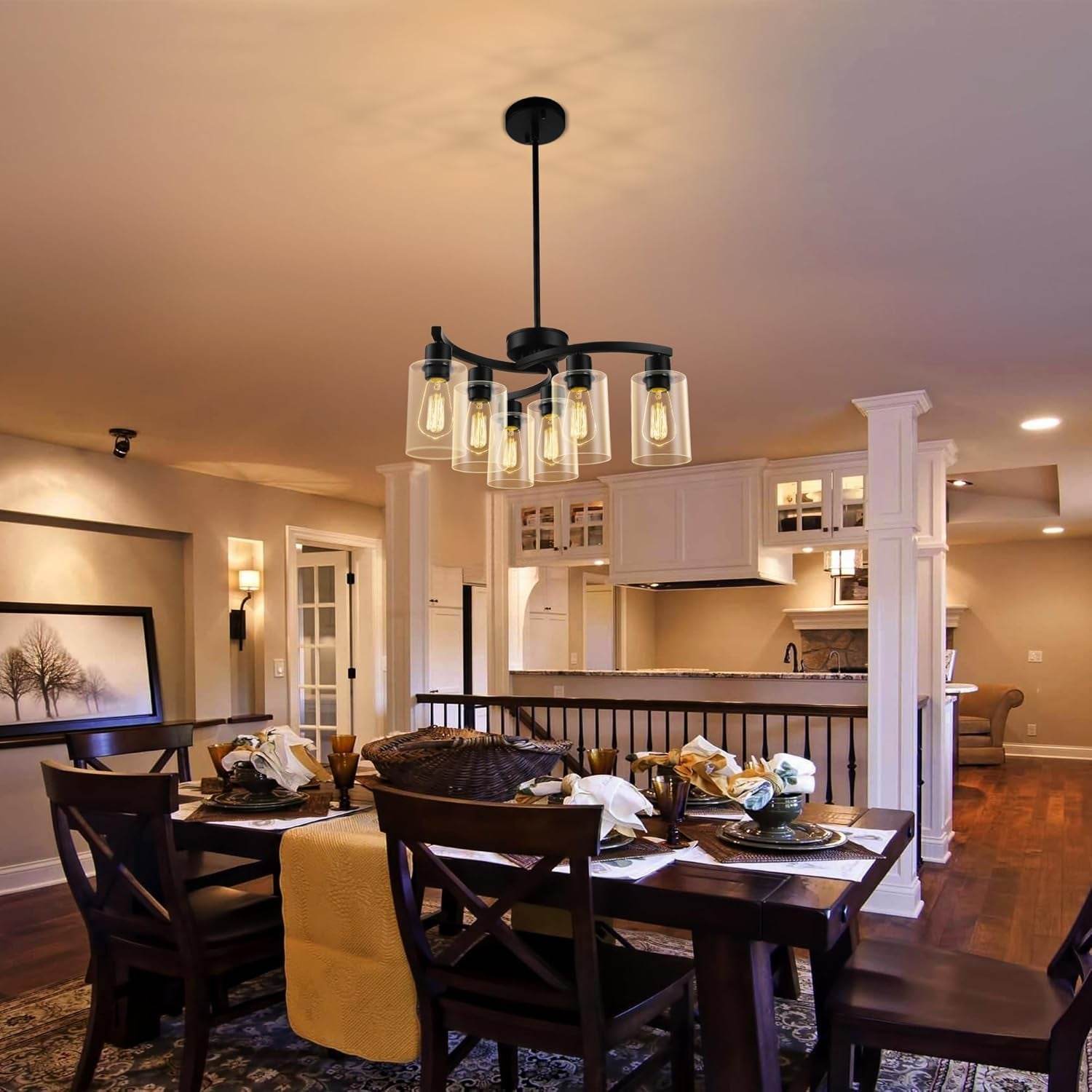 6-Light Modern Farmhouse Black Chandelier, Contemporary Dining Room Light Fixture, Adjustable Height Hanging Industrial Pendant Lights Kitchen Island, Clear Glass Shade - Loft&Timber