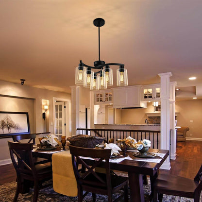 6-Light Modern Farmhouse Black Chandelier, Contemporary Dining Room Light Fixture, Adjustable Height Hanging Industrial Pendant Lights Kitchen Island, Clear Glass Shade - Loft&Timber