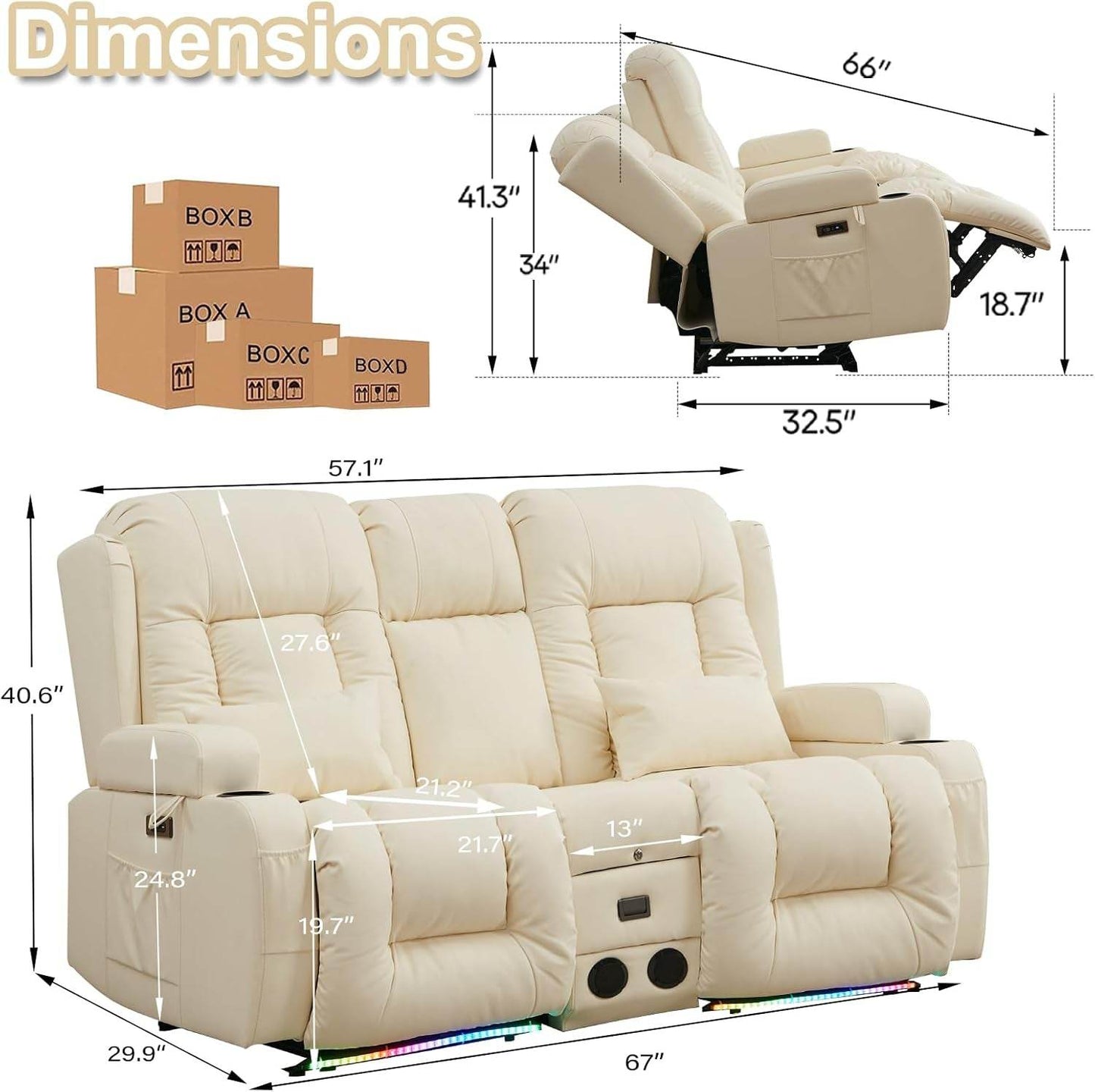 Power Loveseat Recliner Sofa with Massage & Heat (Cream White) - Loft&Timber