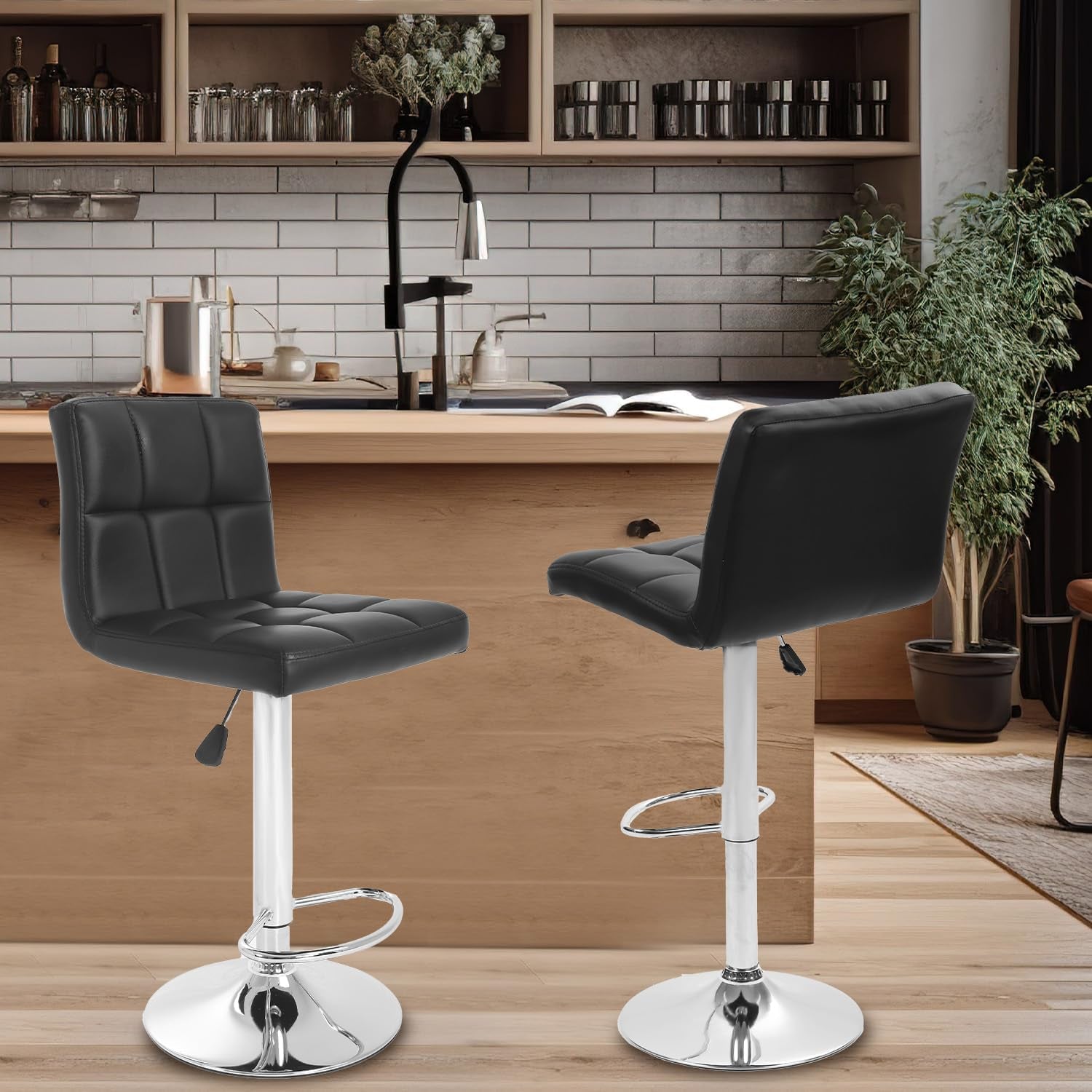 Barstools Set of 2 Counter Height Bar Stools Height Adjustable Back PU Leather Swivel Bar Stool Bar Chairs Hydraulic Swivel Dining Chairs for Kitchen Bar Restaurant Living Room,Black-4