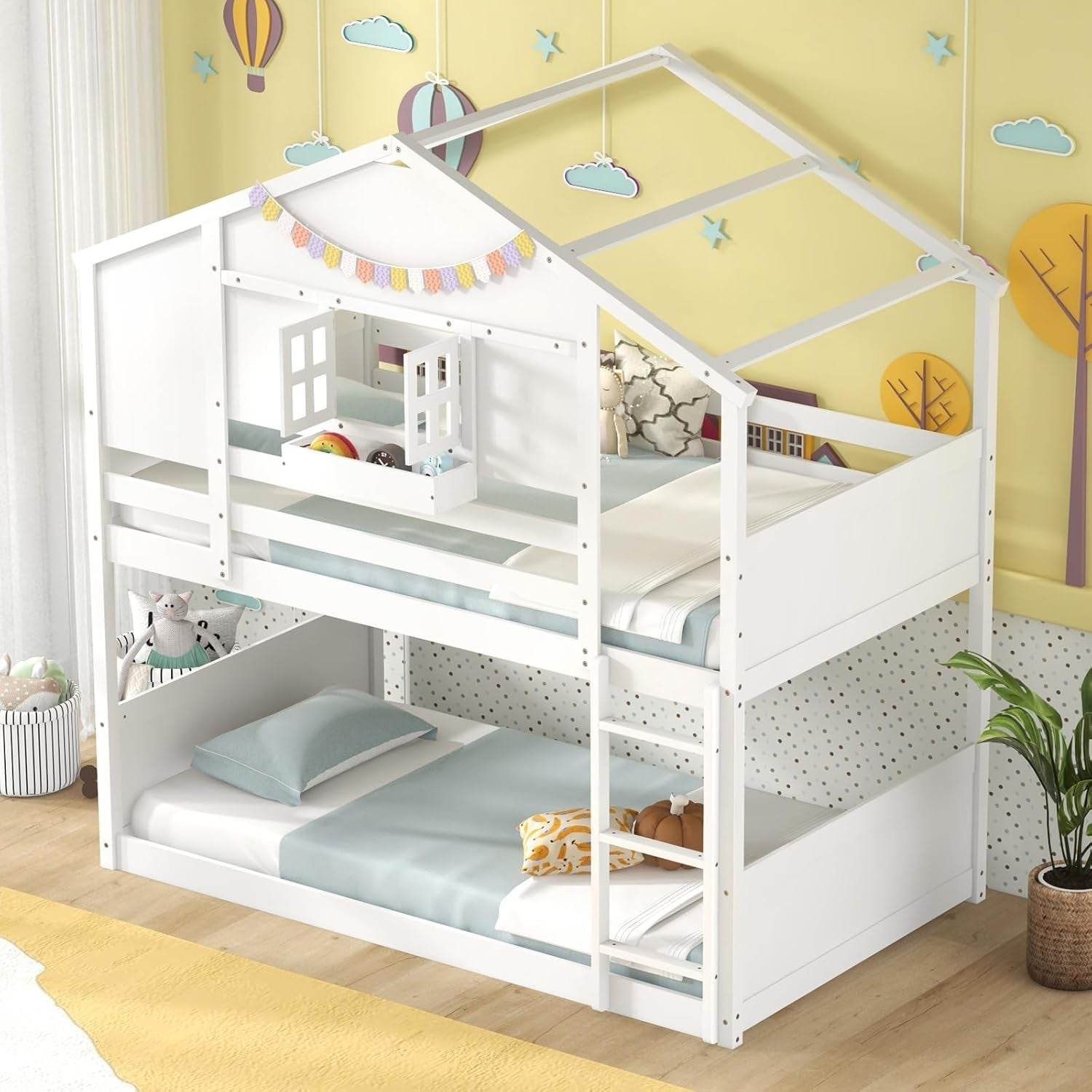 Bunk Bed Twin over Twin, Wood House Bed for Kids with Roof, Window Door, Storage Box, Safety Guardrails, Wood Slats & Ladder, Floor Bunk Bed for Junior Boys Girls, No Box Spring Needed, White - Loft&Timber