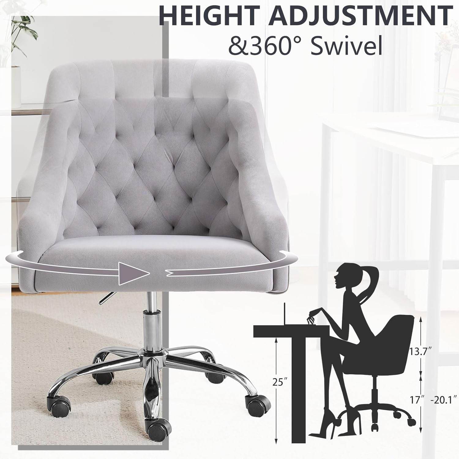 Velvet Office Swivel Chair, Vanity Chair, Fabric Desk Chair, Pretty Fancy Chair, Gold Office Chair for Girls, 360°Swivel Height Adjustable Reception Chair (Grey) - Loft&Timber