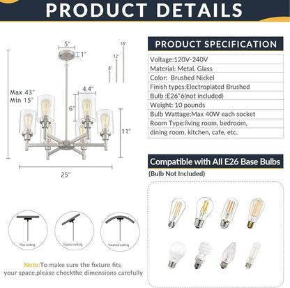 Brushed Nickel Chandeliers for Dining Room Light Fixture over Table, 6 Lights Farmhouse Chandeliers with Clear Glass Shade Chandelier for Living Room Kitchen Entryway Bedroom Bathroom - Loft&Timber