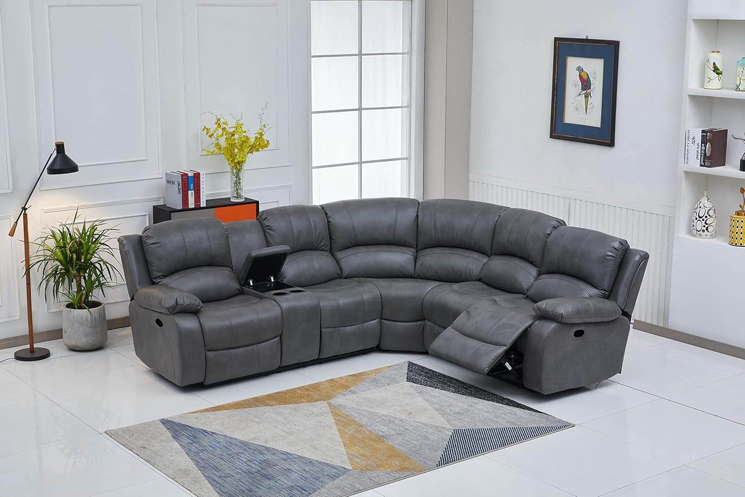 Bonded Leather Sectional Sofa 3 Recliners, Gray - Loft&Timber