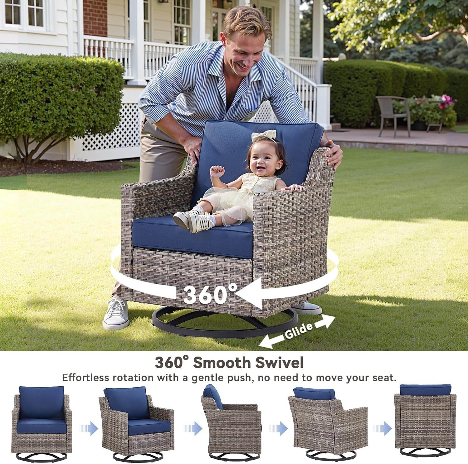 Outdoor Patio Furniture Set-5 Pieces All-Weather Wicker Outdoor Furniture with Swivel Patio Chairs Outdoor Patio Conversation Sets for Garden Porch Deck Grey/Blue - Loft&Timber