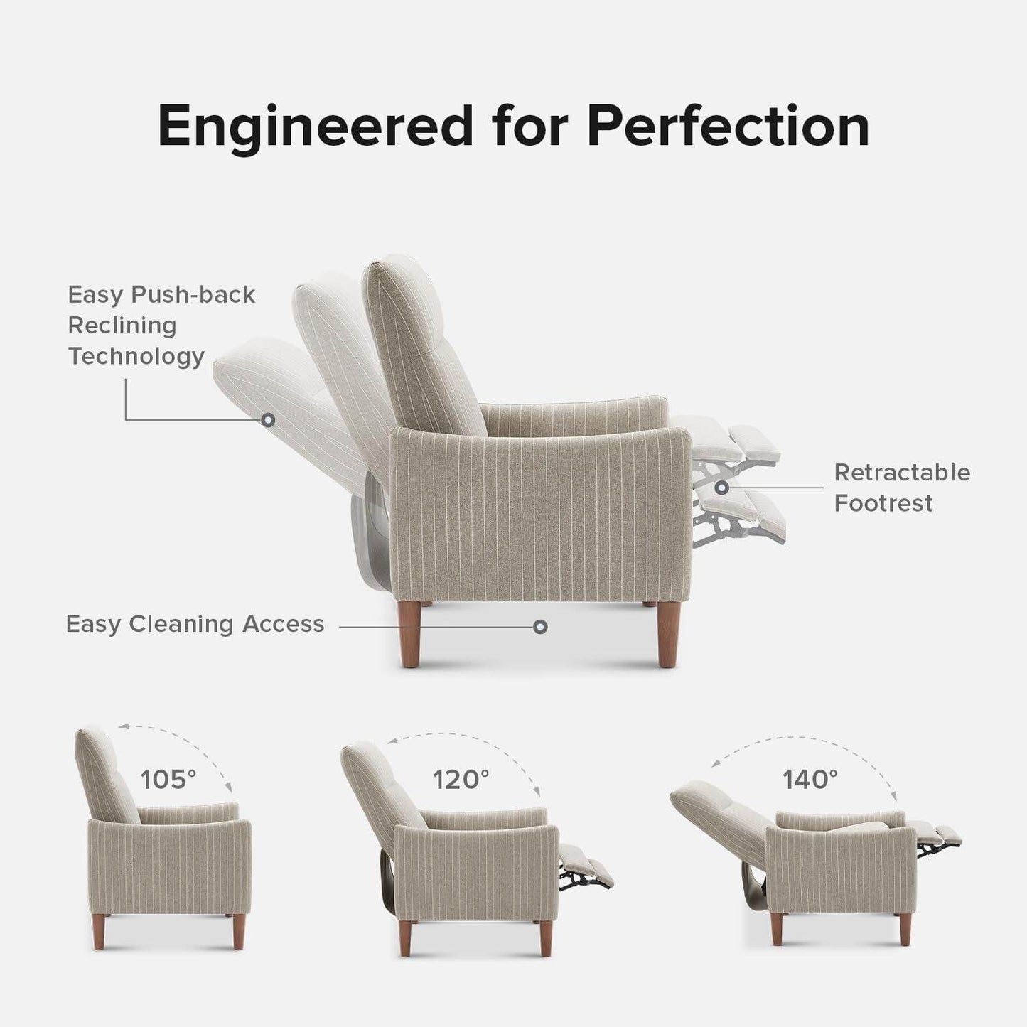 Arthur Recliner Chair with 3 Positions (Jacquard Taupe Stripe) - Loft&Timber