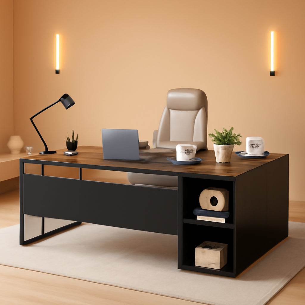 71 Inch Executive Desk, L Shaped Desk with Cabinet Storage in Brown and Black - Loft&Timber