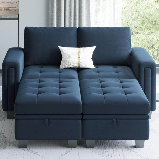 Velvet Modular Sectional Sofa Couch with Storage Convertible Sectional Sleeper Sofa Couch Bed Set with Reversible Chaise Blue - Loft&Timber