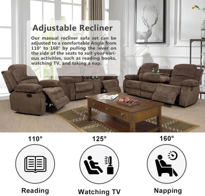 3 Seater Reclining Sofa Couch Living Room Furniture Fabric Manual Recliner Sofa Modern Corduroy Reclining Sofa with Cup Holders & Drop-Down Table for Home/Office (Chocolate, 3 Seater Sofa) - Loft&Timber