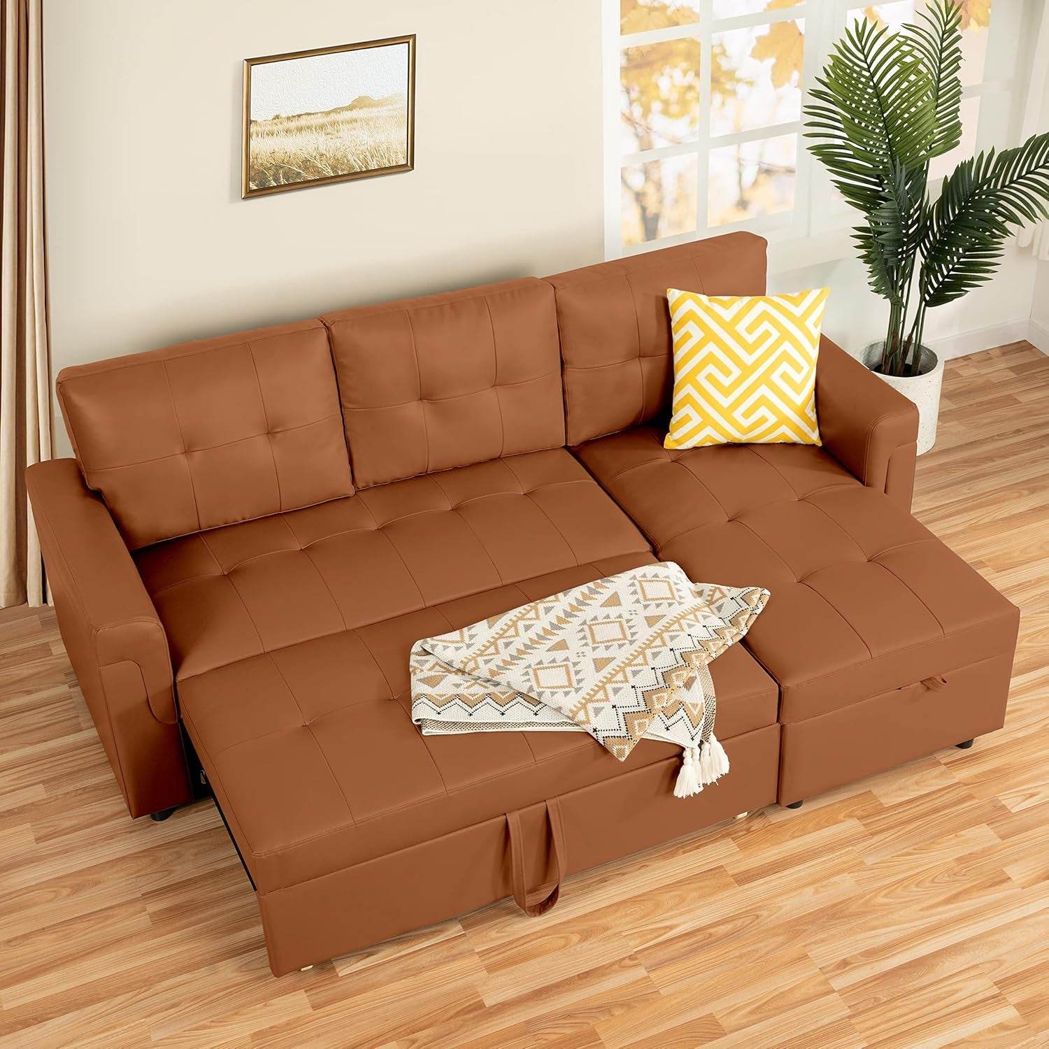 Caramel Air Leather Tufted L-Shape Sleeper Sofa Storage - Loft&Timber