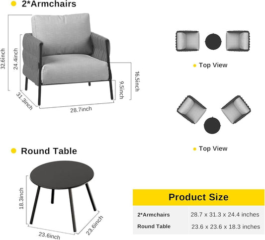 3 Pieces Patio Furniture Set, Armchairs with Coffee Table, Outdoor Furniture Set with Cushion, Modern Outdoor Furniture Deep Seating for Outdoor Garden Porch, Earth Black & Misty Grey - Loft&Timber