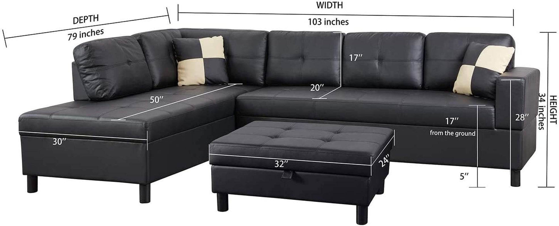 Sectional Sofa, L-Shape Faux Leather Sectional Sofa Couch Set with Chaise, Ottoman, 2 Toss Pillows.（Black） - Loft&Timber