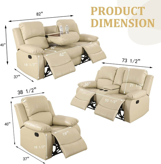 Manual Leather Sofa Recliner Set, 3-Pieces(Sofa+Loveseat+Chair) Beige - Loft&Timber
