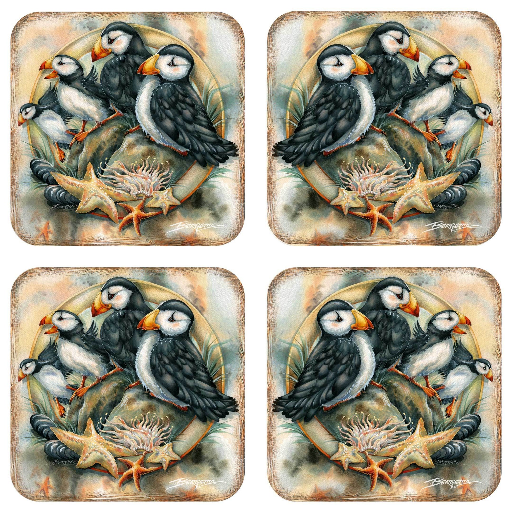 Puffins Wooden Cork Coasters Gift Set of 4 by J. Bergsma - Wildlife Decor - 8199462C-S4 - Loft&Timber