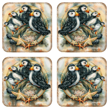 Puffins Wooden Cork Coasters Gift Set of 4 by J. Bergsma - Wildlife Decor - 8199462C-S4 - Loft&Timber