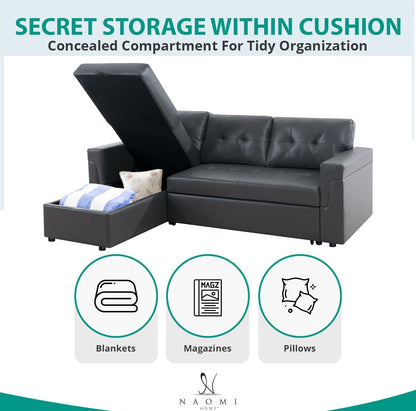 Jenny Sectional Sofa Sleeper with Storage Chaise, Tufted Pull Out Couch with Storage, Sectional Bed, L-Shaped Reversible Sleeper Sofa With, Dark Gray,Air Leather-4