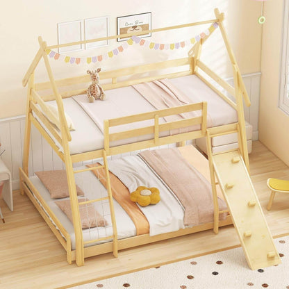 Twin over Queen Bunk Bed, Wood House Bunk Bed for Kids with Climbing Nets and Ramp, Floor Queen Size Bunk Beds with Safety Guardrail, No Box Spring Needed, for Boys Girls Adults (Natural) - Loft&Timber