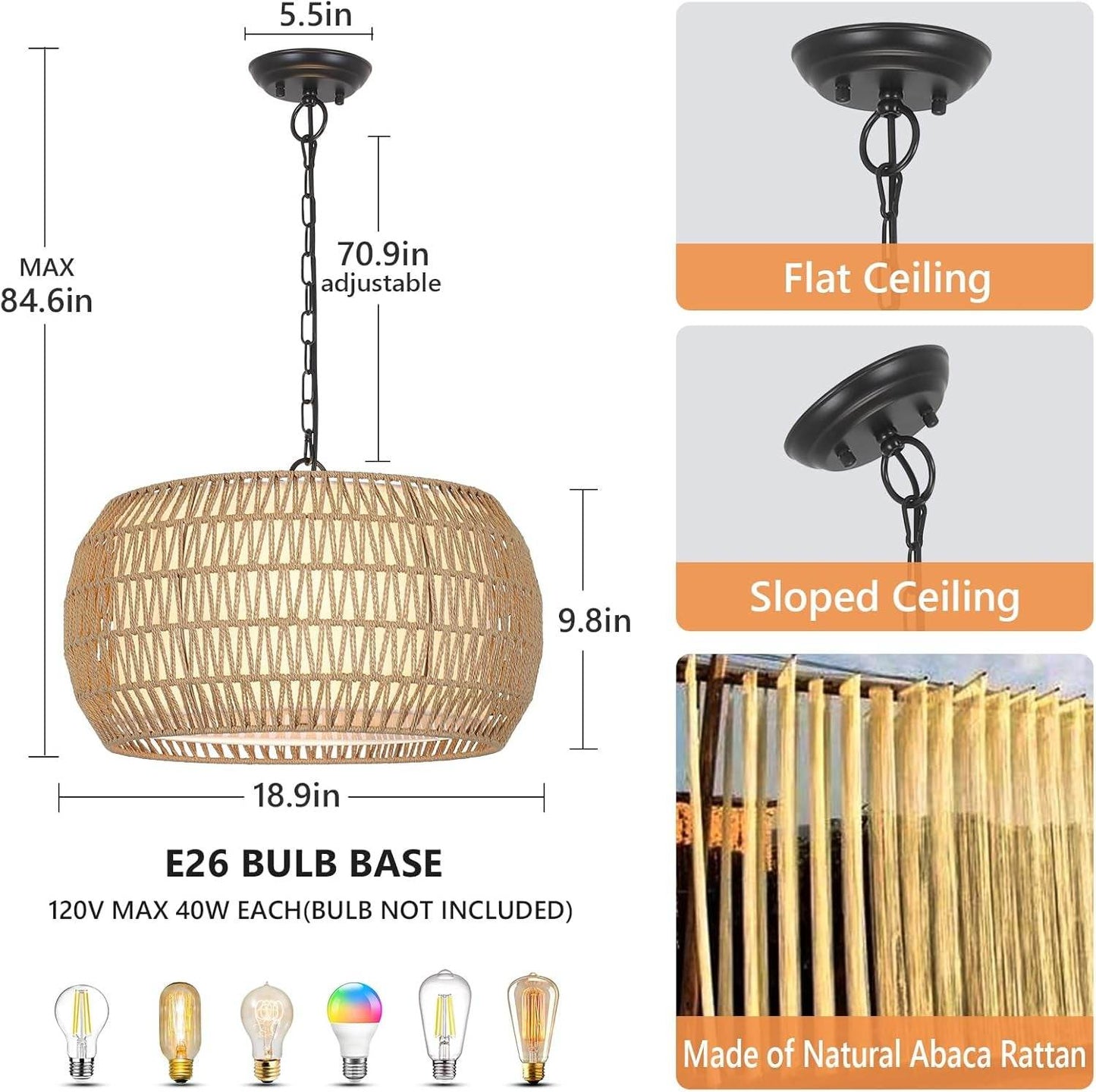 Rattan Farmhouse Chandelier Light Fixtures, 5-Lights Boho Large Pendant - Loft&Timber