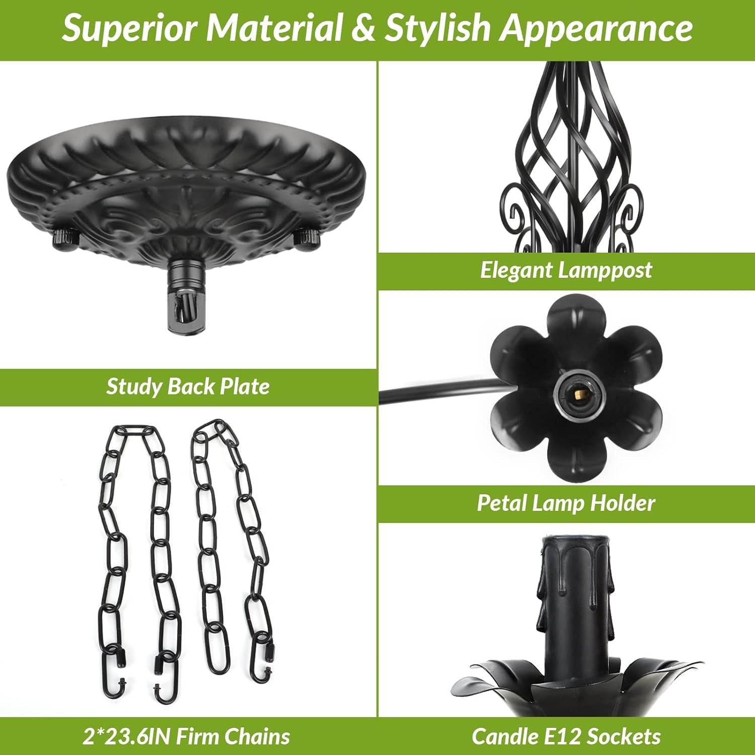 6-Light Farmhouse Candle Chandelier for Living Room, Rustic Industrial Pendant Ceiling Light Fixture, Vintage Hanging Lamp for Bedroom Hallway Kitchen Dining Room Foyer, Matte Black E12 Socket - Loft&Timber