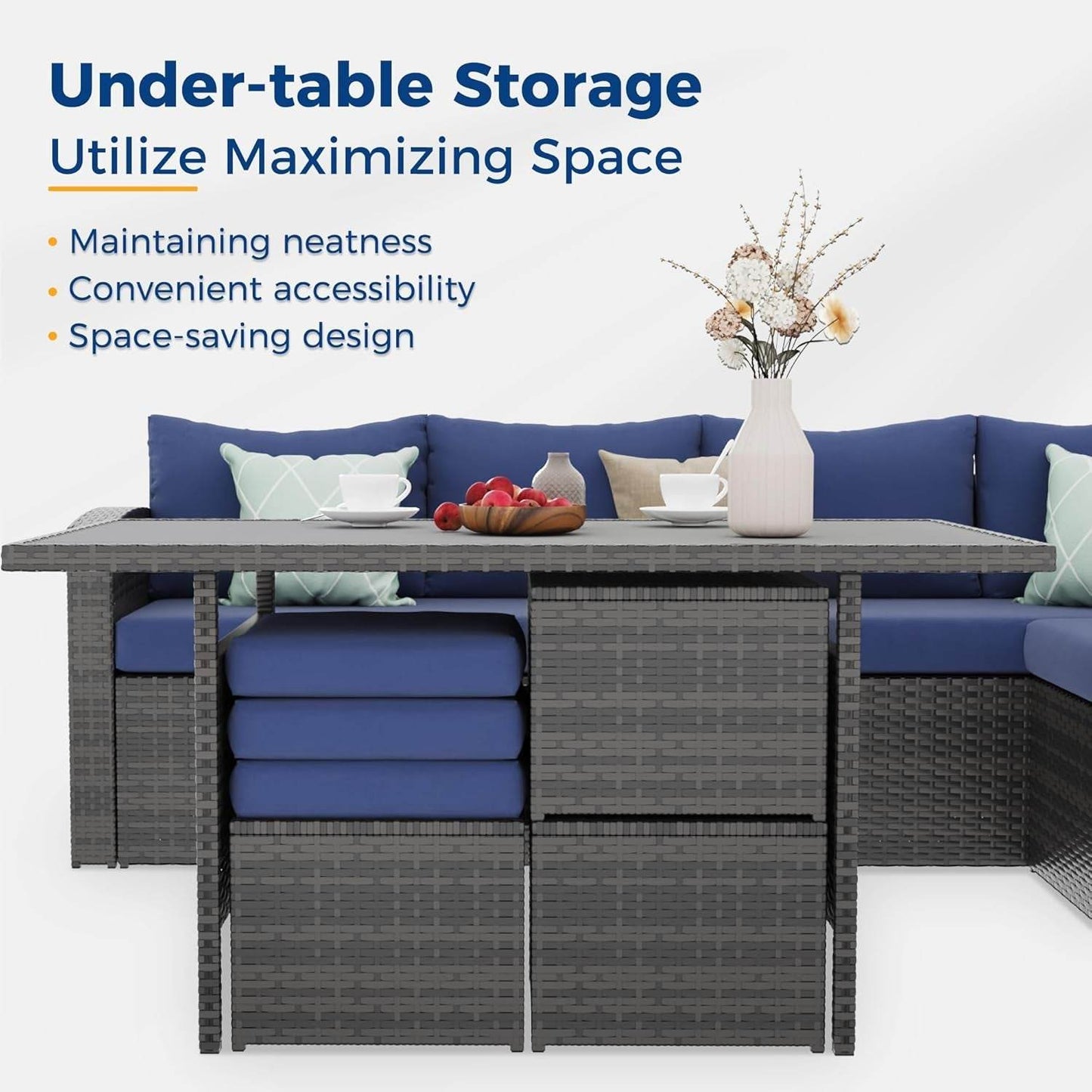 Outdoor Patio Furniture Set, 7 Piece Outdoor Dining Sectional Sofa with Dining Table and Chair, All Weather Wicker Conversation Set with Ottoman,Blue - Loft&Timber