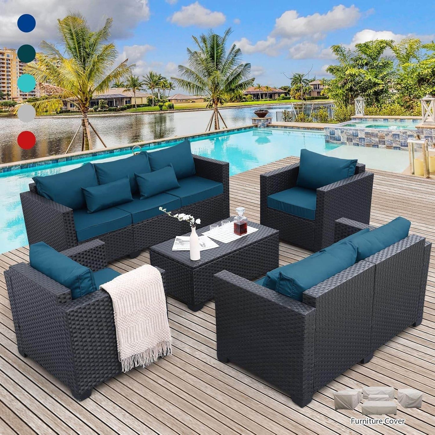 Patio Furniture Set 5 Pieces Outdoor Furniture Sets Patio Couch Outdoor Chairs Coffee Table Peacock Blue Anti-Slip Cushions and Waterproof Covers - Loft&Timber