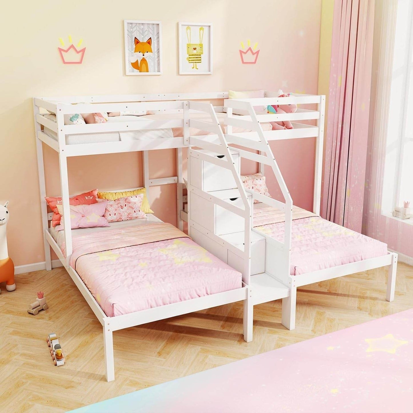 Twin over Twin & Twin Bunk Bed, Triple Bunk Beds with 4-Step Storage Stair, Guardrail & Solid Wood Structure, Wooden 3 Bunk Beds for Kids Teens, No Box Spring Needed, White - Loft&Timber