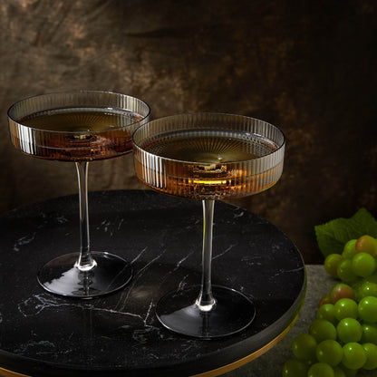 Ribbed Coupe Cocktail Glasses 8 oz | Set of 2 | Classic Manhattan Glasses For Cocktails, Champagne Coupe, Ripple Coupe Glasses, Art Deco Gatsby Vintage, Crystal with Stems (Smoke Grey) - Loft&Timber