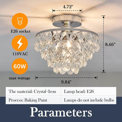 Modern E26 Small Crystal Chandelier Semi Flush Mount Ceiling Light Fixture Silver Ceiling Lamp for Hallway Bedroom Bathroom Closet Bedroom Foyer （Chrome） - Loft&Timber