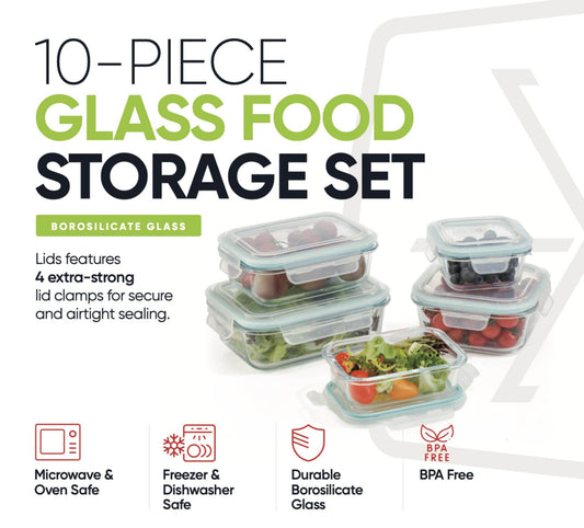 10-Piece Glass Food Storage Containers with Airtight Locking Lids (5 Containers + 5 Lids) - Loft&Timber