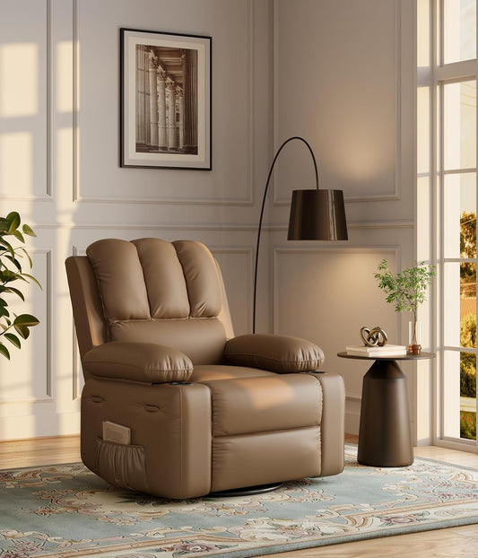 22'' Rocker Swivel Recliner Chair, Lazy Recliner for Adults, with 1.5X Sponge Filling, Side Pocket, and Cup Holder, for Living Room, Bedroom, and Nursery, Tan-0