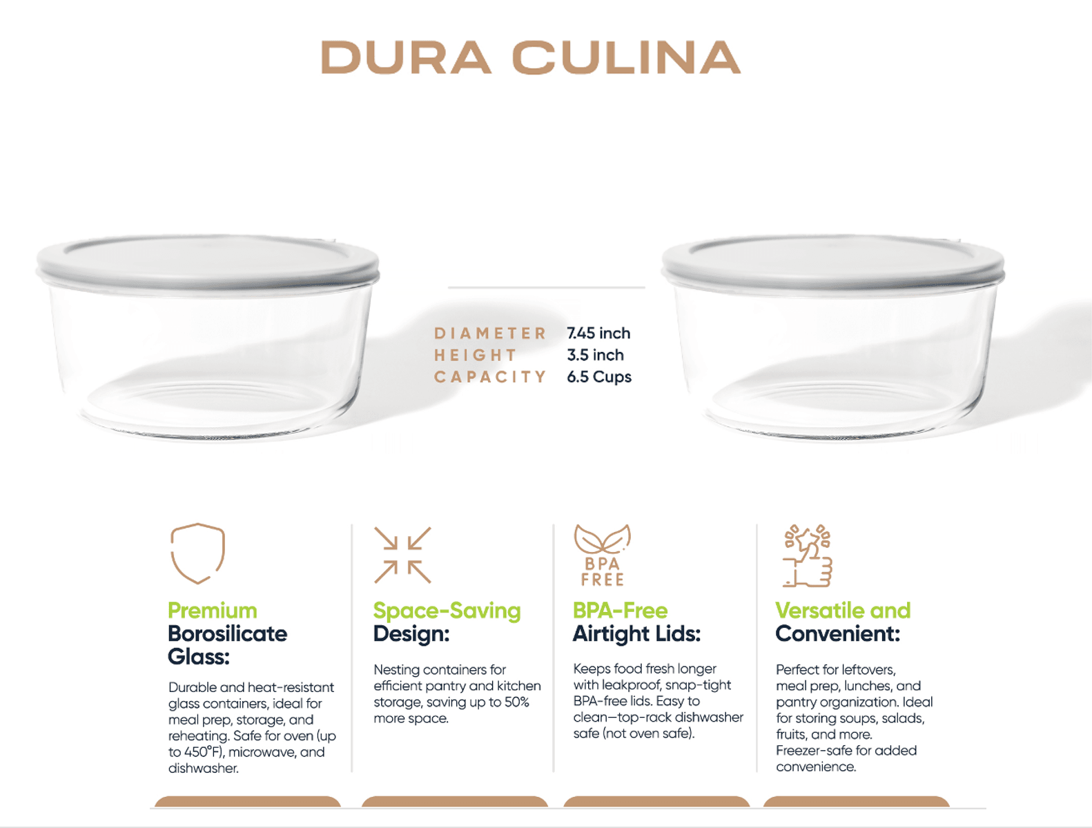 Glass Food Storage Containers - 4 Piece 6.55 Cup (2 Containers + 2 Lids) Set, Grey - Loft&Timber