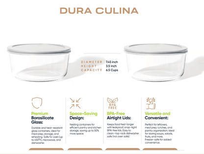 Glass Food Storage Containers - 4 Piece 6.55 Cup (2 Containers + 2 Lids) Set, Grey - Loft&Timber