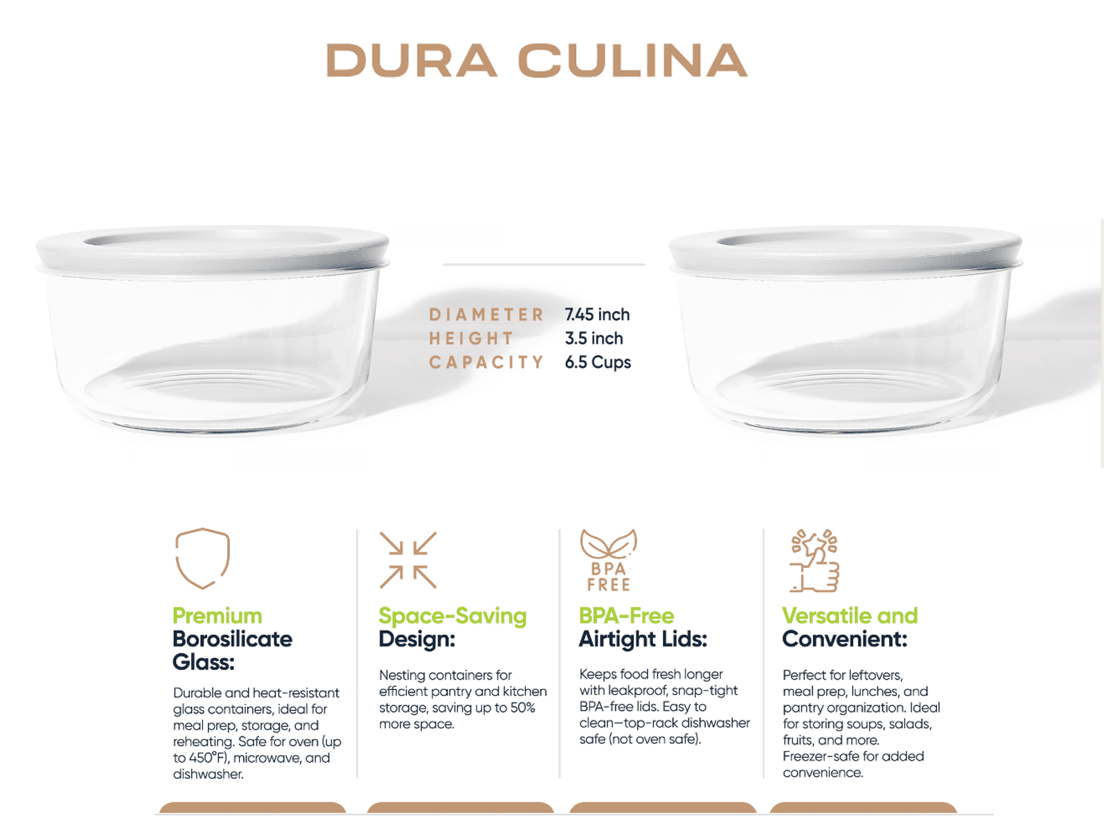 Glass Food Storage Containers - 4 Piece 6.55 Cup (2 Containers + 2 Lids) Set, White - Loft&Timber