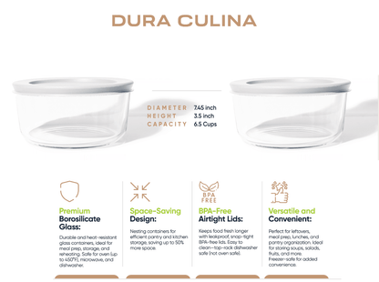 Glass Food Storage Containers - 4 Piece 6.55 Cup (2 Containers + 2 Lids) Set, White - Loft&Timber