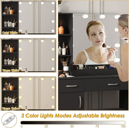 Makeup Vanity Desk with Lighted Mirror, 2 Drawers, Cabinet (Black)-3