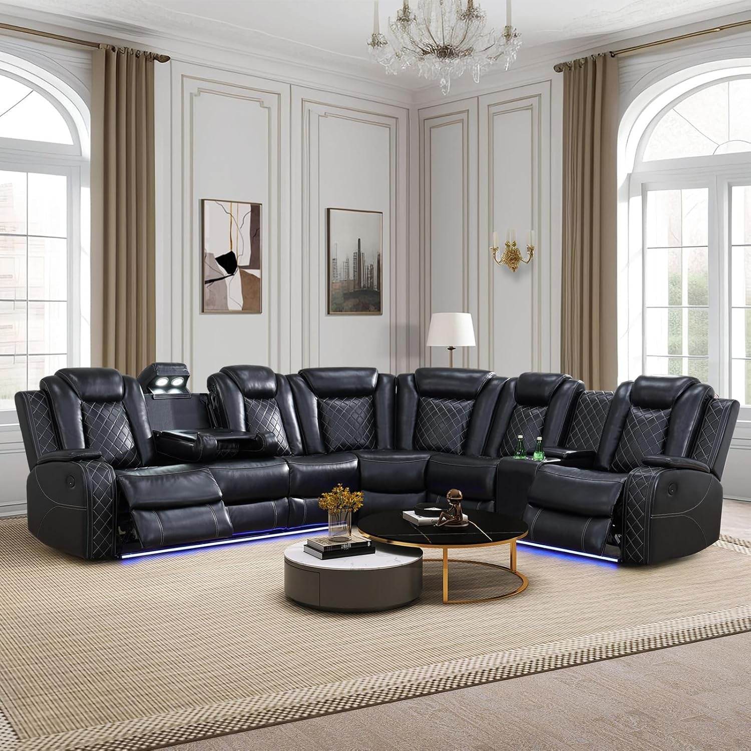 Power Recliner Sectional Sofa Set, Black - Loft&Timber
