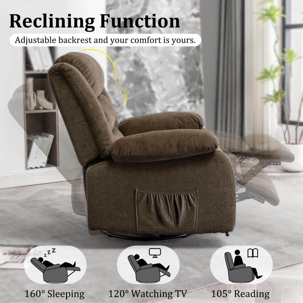 Recliner Chair, Wide Rocker Chair, Rocking Chair with Massage and Heat,360°Swivel Nursery Rocking Chairs, Oversized Recliner for Adults, Cashmere Reclining Sofa for Living Room, Brown - Loft&Timber