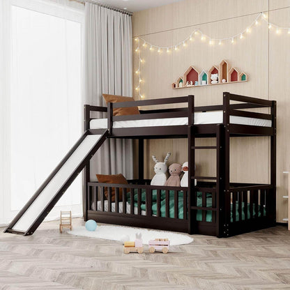 Twin over Twin Floor Bunk Bed with Slide and Ladder, Low Bunk Bed for Kids, Girls, Boys, Removable Fence, Bunk Bed with Slide, Espresso - Loft&Timber