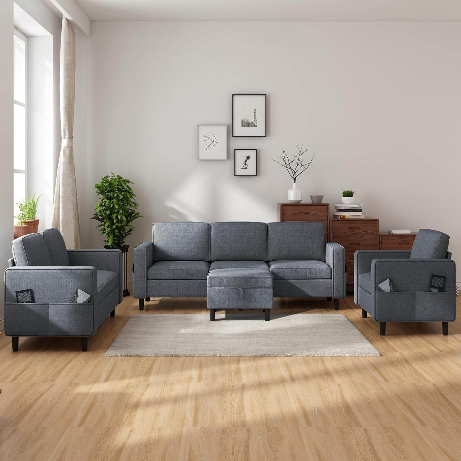 6 Seaters Sectional Upholstered Sofa, Linen Fabric Sofa Couch with Side Pockets, Free Combination Sofa Set with Movable Storage Ottoman, for Living Room-Sofa&Loveseat&Chair&Ottoman,Dark Grey - Loft&Timber