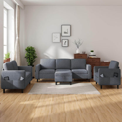 6 Seaters Sectional Upholstered Sofa, Linen Fabric Sofa Couch with Side Pockets, Free Combination Sofa Set with Movable Storage Ottoman, for Living Room-Sofa&Loveseat&Chair&Ottoman,Dark Grey - Loft&Timber